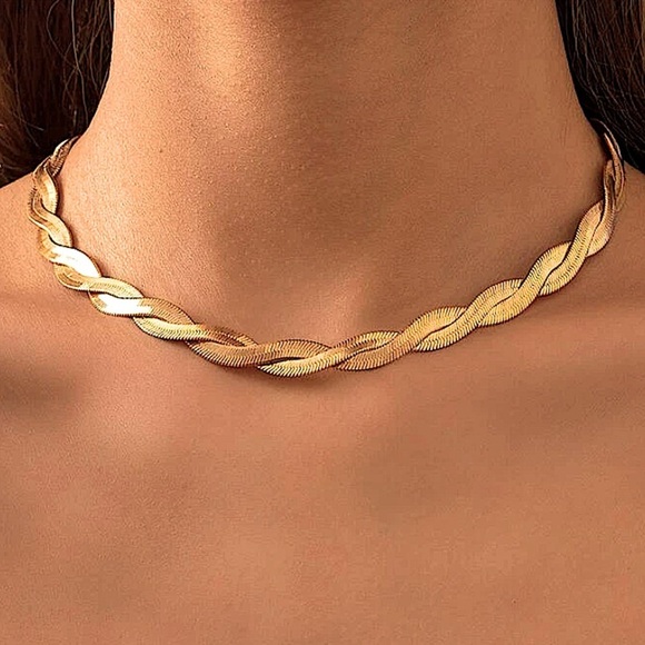 Twisted Gold Herringbone Flat Snake Choker Necklace - Picture 1 of 5